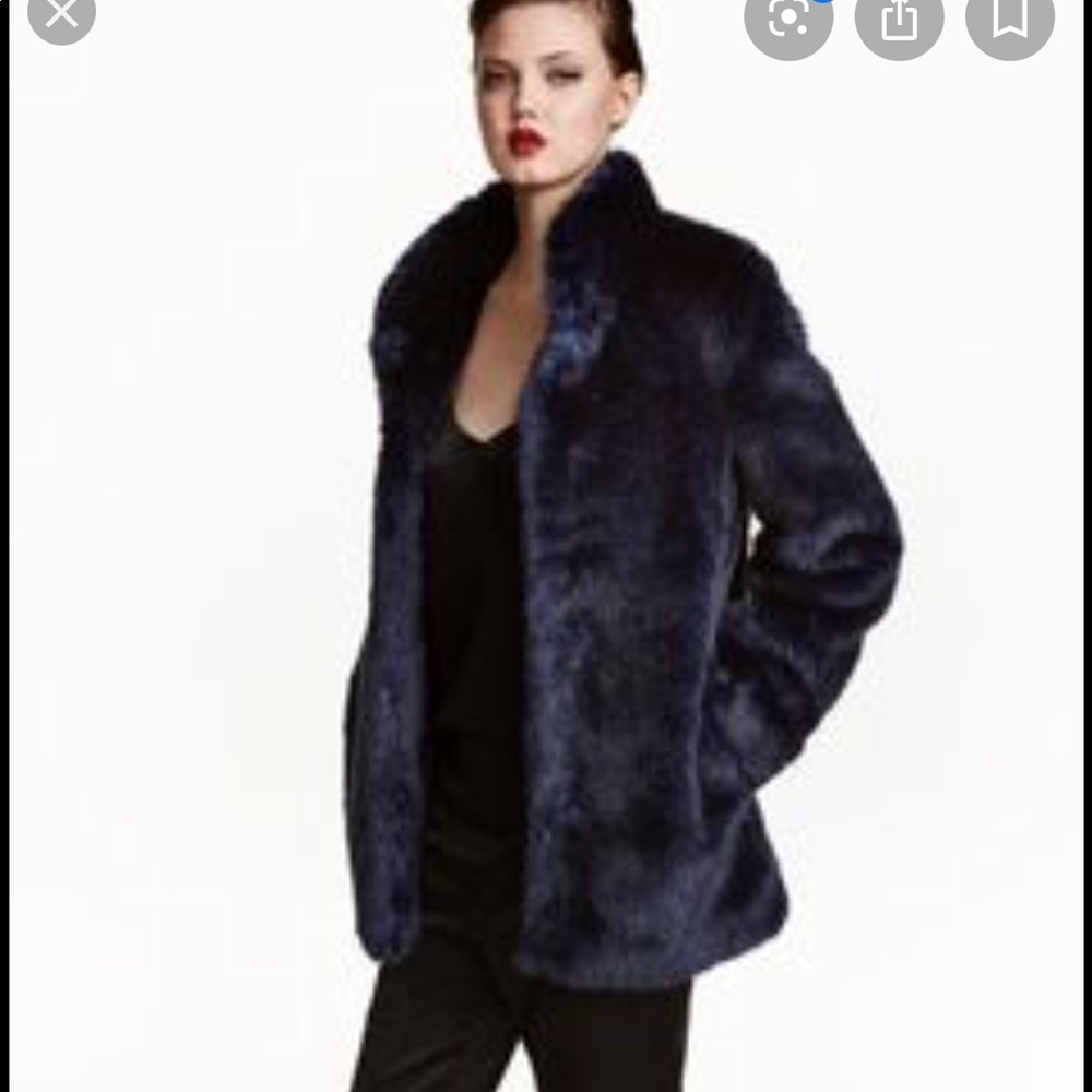 H&M navy blue faux fur jacket coat